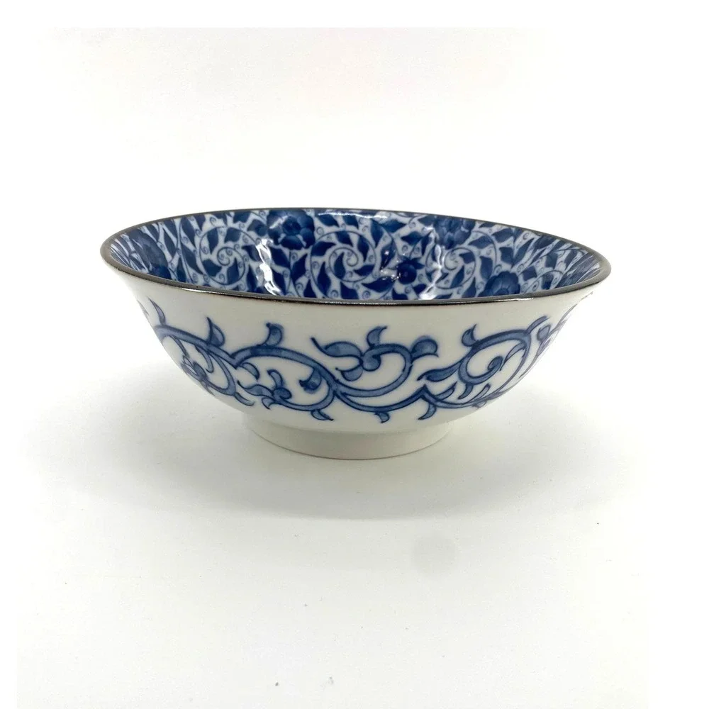 Blue Floral & Vines Porcelain Bowl Decorative Accent Entryway Bowl Display Bowl